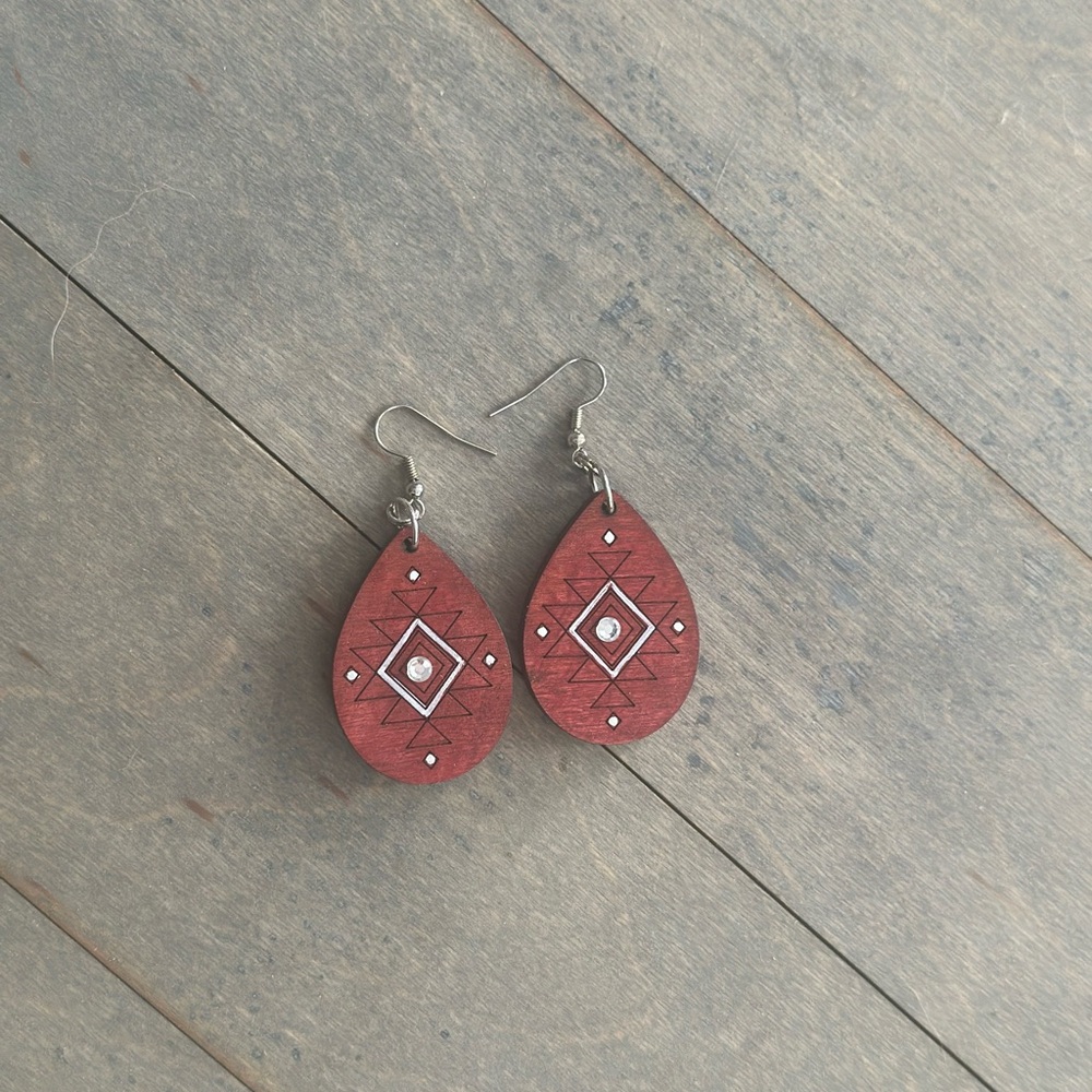 Red and white country western wood earrings